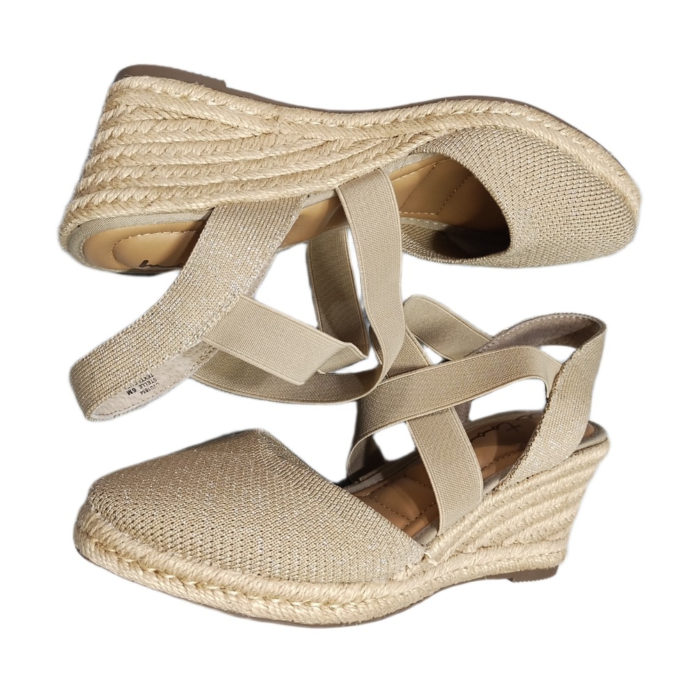 Me Too Stelle Espadrille Wedge Sandals Womens US 6M Tan Closed Toe Ankle Strap